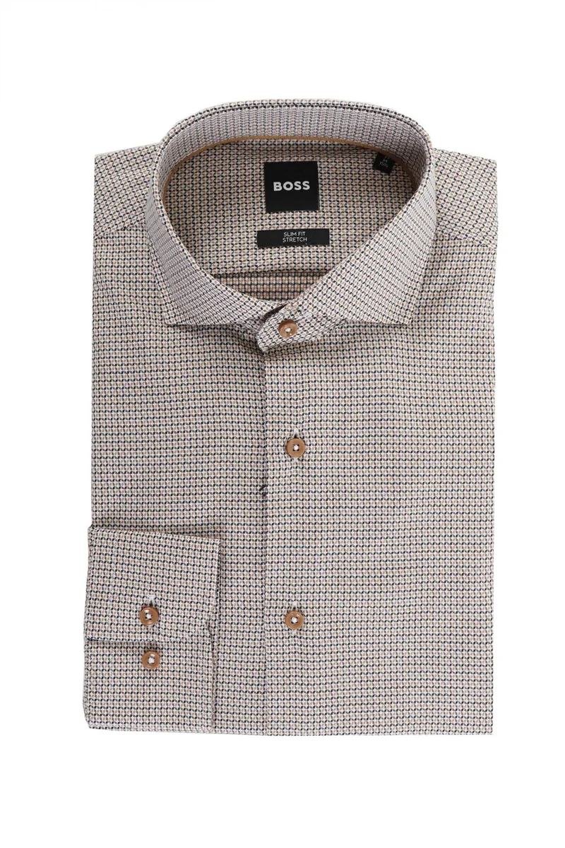 BOSS ΠΟΥΚΑΜΙΣΟ SLIM FIT STRETCH ΜΙΚΡΟΣΧΕΔΙΟ ΚΑΦΕ