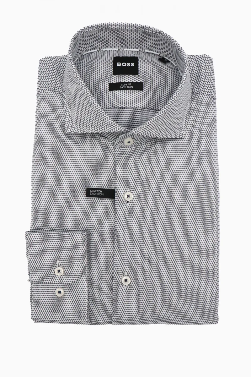 BOSS ΠΟΥΚΑΜΙΣΟ ΜΙΚΡΟΣΧΕΔΙΟ SLIM FIT EASY IRON H-HANK-SPREAD-C1-222 ΜΠΛΕ-ΛΕΥΚΟ