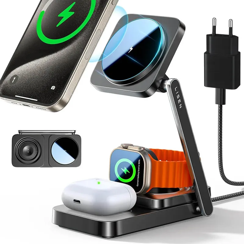 Lisen Portable MagSafe Charging Station Set 3-in-1 with Wall Charger Black