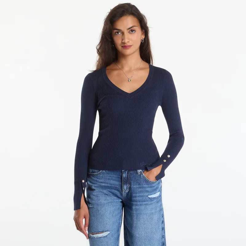Πουλόβερ GUESS Ls Vn Ellie Sweater Blackened Blue M