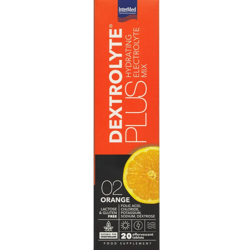 Intermed Dextrolyte Plus Hydrating Electrolyte Mix Συμπλήρωμα Διατροφής Ηλεκτρολυτών με Δεξτρόζη & Φυλλικό Οξύ για Ενυδάτωση Κατά της Κόπωσης & Πνευματική Διαύγεια με Γεύση Πορτοκάλι 20 Effer.tabs - 02 Πορτοκαλί