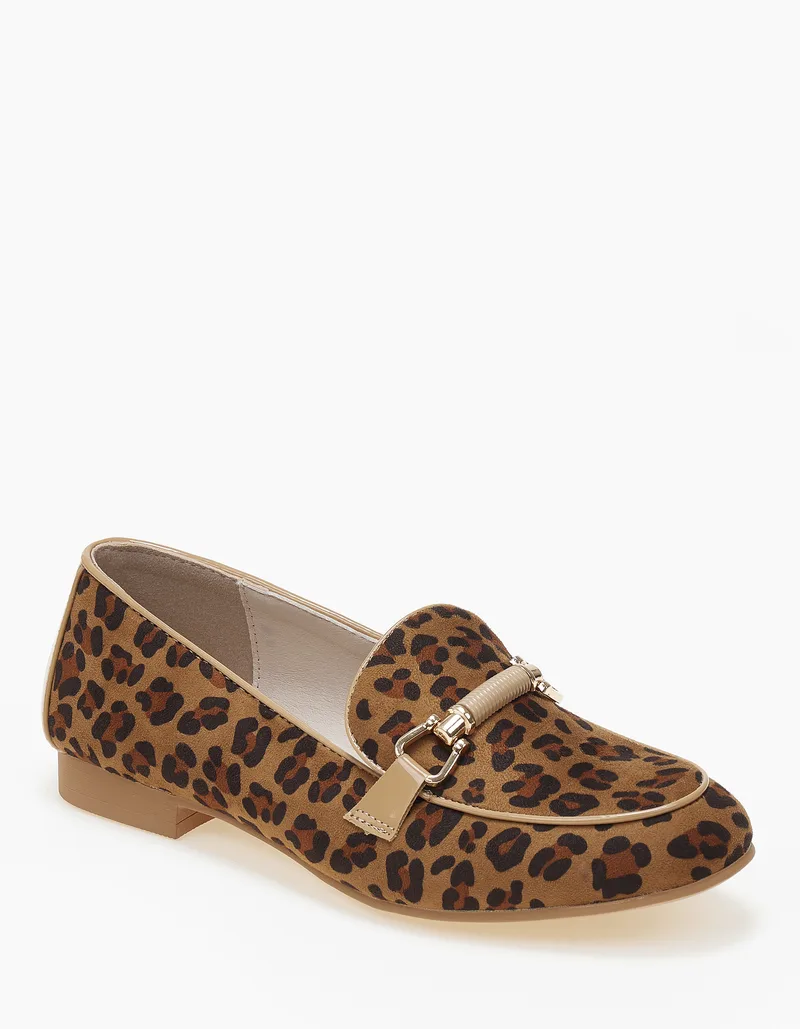 Basic γυναικεία loafers με ψάθα και αγκράφα - Λεοπάρ