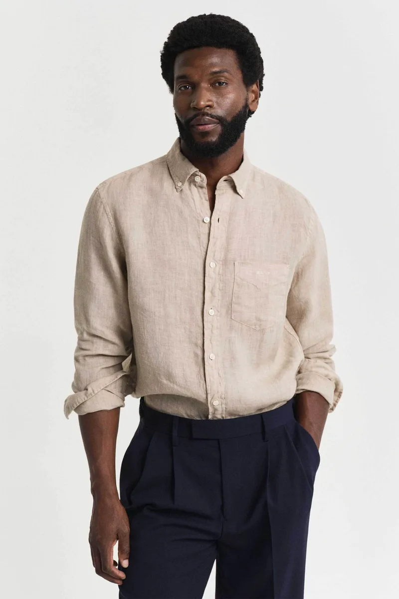 Gant ανδρικό λινό πουκάμισο button down με τσέπη και κεντημένο λογότυπο Regular Fit - 3240120 Καφέ Latte