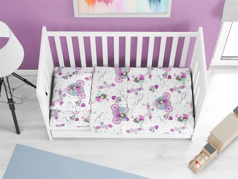 Σετ Σεντόνια 3τμχ Μπεμπέ Polycotton Κούνιας 160x240εκ. Princess 389 White-Lilac DimCol