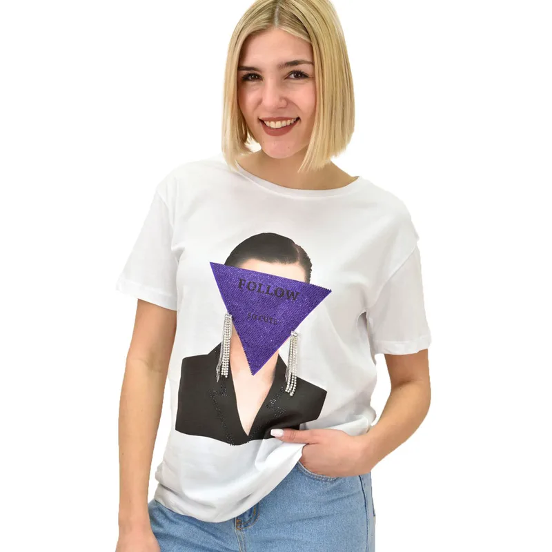 Γυναικείο T-shirt με στρας FOLLOW Λευκό 18962