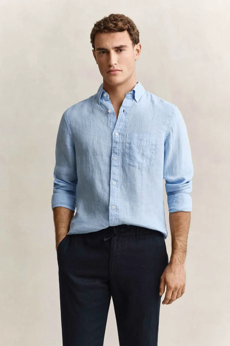 Gant ανδρικό λινό πουκάμισο button down με τσέπη και κεντημένο λογότυπο Regular Fit - 3240120 Γαλάζιο