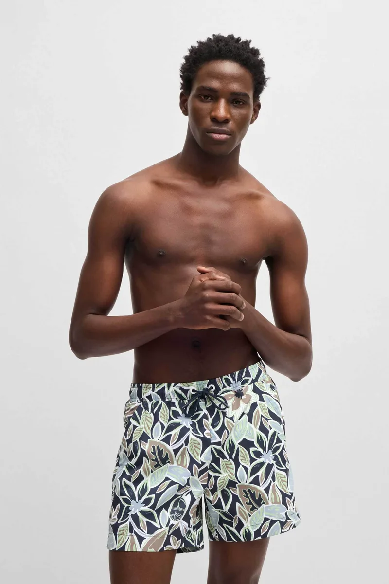Hugo Boss ανδρικό μαγιό με floral print και ελαστική μέση "Calala" - 50510061 Σκούρο Μπλε