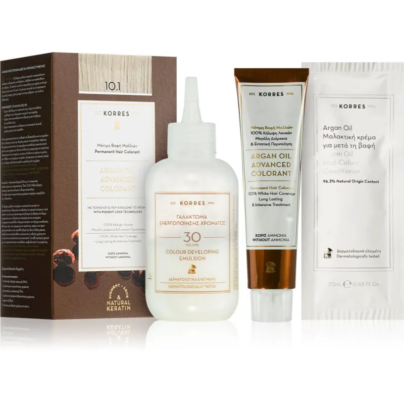 Korres Argan Oil μόνιμη βαφή μαλλιών με έλαιο αργκάν απόχρωση 10.1 Platinum Ash Blonde 50 ml