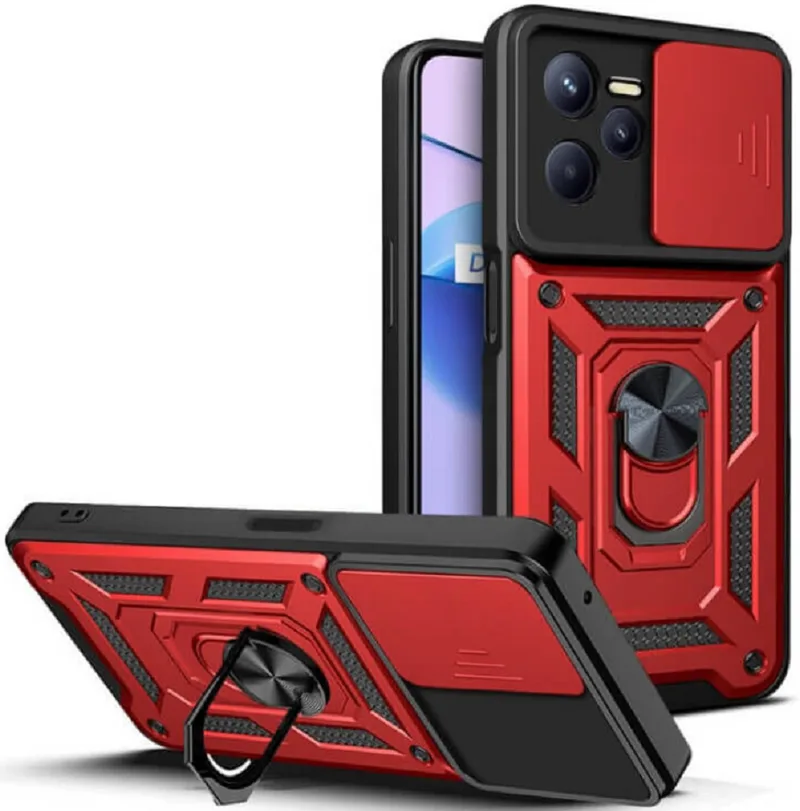 Bodycell Armor Slide - Ανθεκτική Θήκη Realme C35 με Κάλυμμα για την Κάμερα & Μεταλλικό Ring Holder - Red (5206015018824)