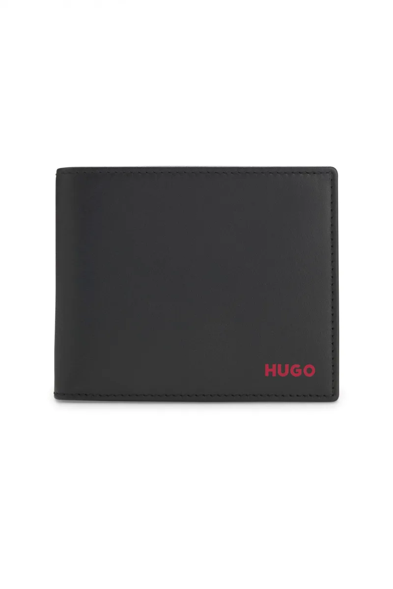 HUGO ΠΟΡΤΟΦΟΛΙ TIBBY_2.0_TRIFOLD ΔΕΡΜΑ LOGO ΜΑΥΡΟ-ΚΟΚΚΙΝΟ