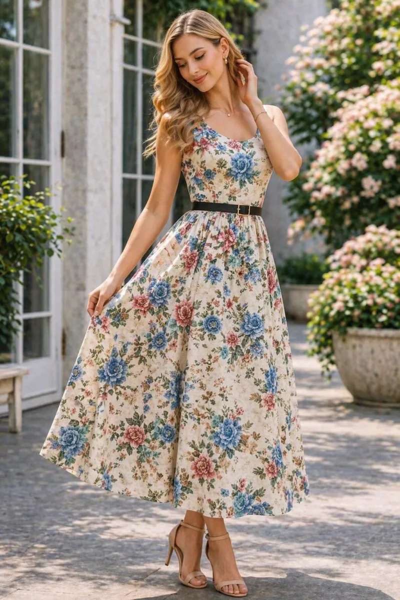 Γυναικείο Midi Floral Φόρεμα Με Τιράντες & Ζώνη – Ρομαντικό Αέρινο Φόρεμα Σε Σιέλ | Dress Up Σιέλ