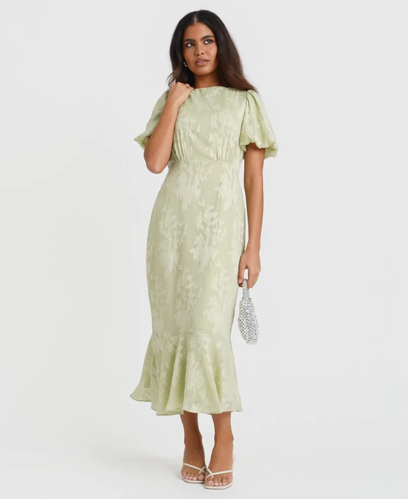 Green Jacquard Puff Sleeve Midi Dress | Size: 10