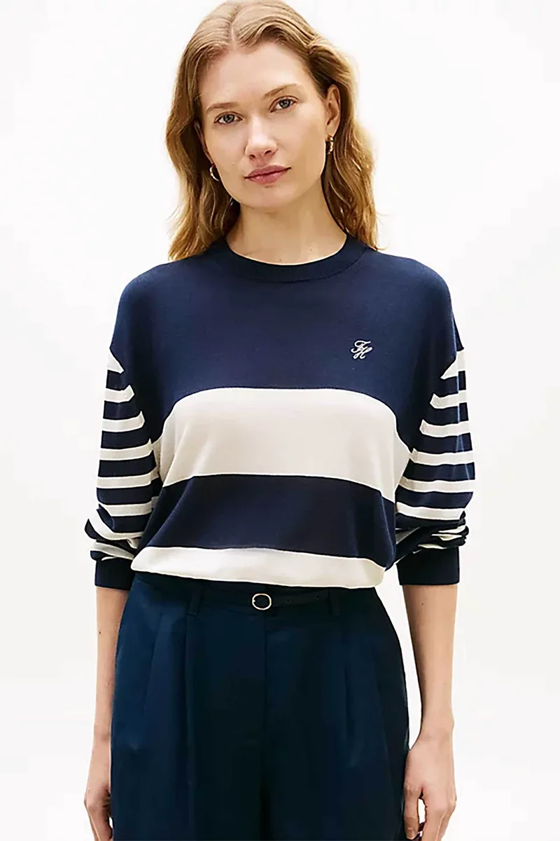 Tommy Hilfiger γυναικείο πουλόβερ με ριγέ σχέδιο και κεντημένο logo Regular Fit - WW0WW48501 Σκούρο Μπλε