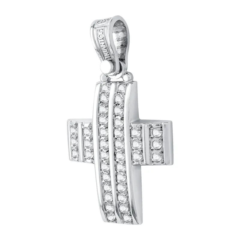 Σταυρός Βάπτισης Τριάντος Γυναικείος Σε Λευκό Χρυσό 14 Καρατίων με Πέτρες ST3195