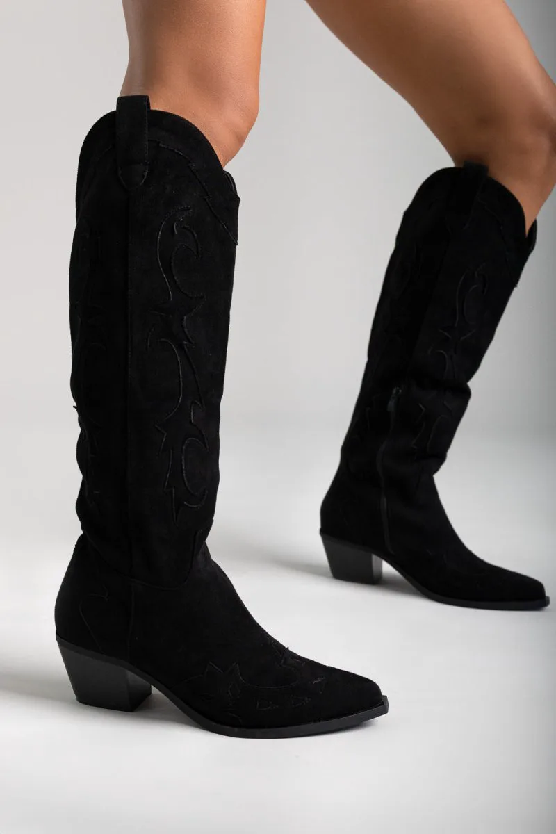 Ideal shoes Cowboy Block Heel Boots - 7687A - Black Suede