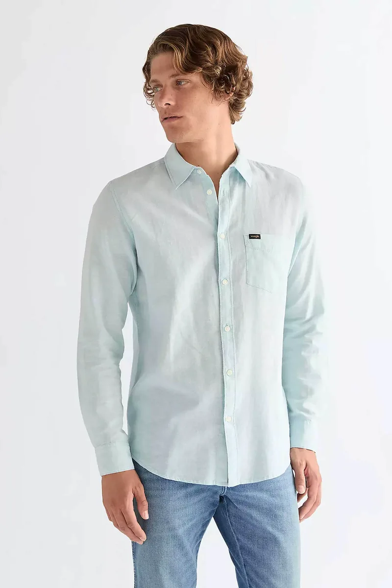 Wrangler® ανδρικό πουκάμισο με λινάρι και τσέπη Regular Fit - 112378039 Πράσινο Aqua