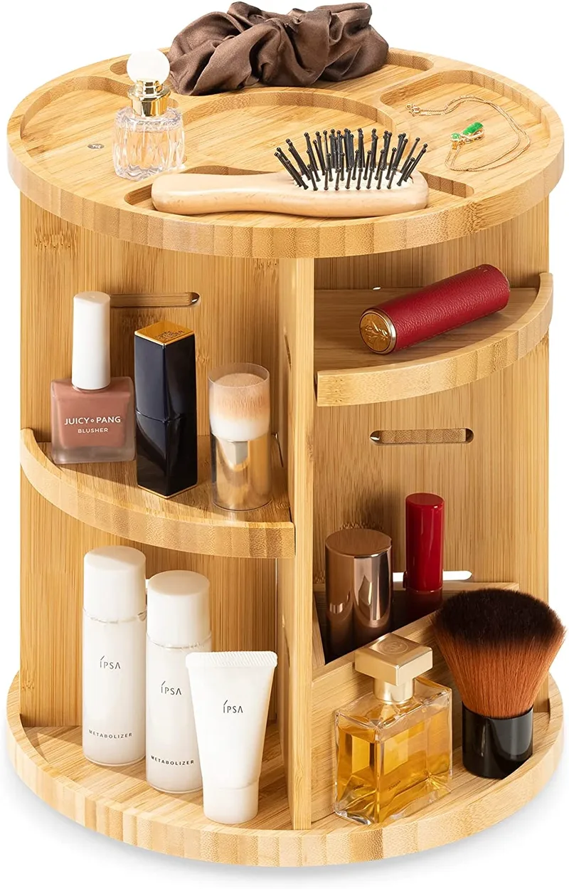 Navaris Bamboo Rotating MakeUp Organizer - Περιστρεφόμενη Βάση Αποθήκευσης και Οργάνωσης Καλλυντικών / Μακιγιάζ από Μπαμπού - 25 x 25 x 30.5 cm - Light Brown (57647.24)