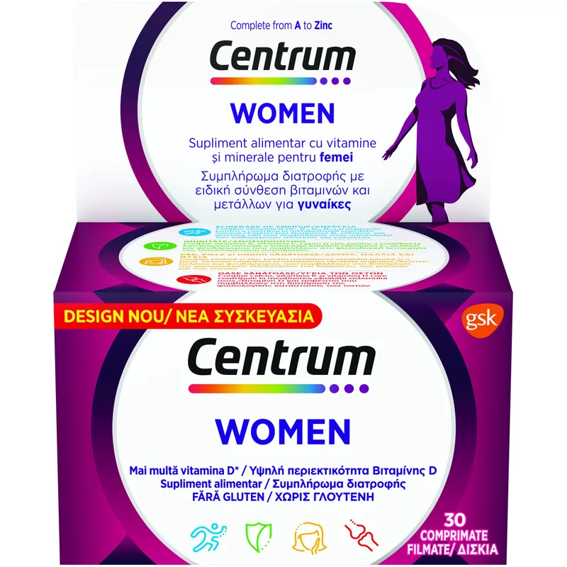 Centrum Women Συμπλήρωμα Διατροφής με Βιταμίνες, Μεταλλικά Στοιχεία & Βιταμίνη D Ειδικά Σχεδιασμένο για Γυναίκες για Ενέργεια, Τόνωση & Ισχυρό Ανοσοποιητικό 30tabs