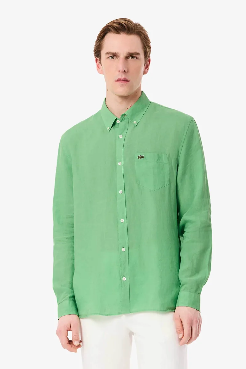 Lacoste ανδρικό λινό πουκάμισο button down με τσέπη και κεντημένο λογότυπο Regular Fit - CH5692 Πράσινο