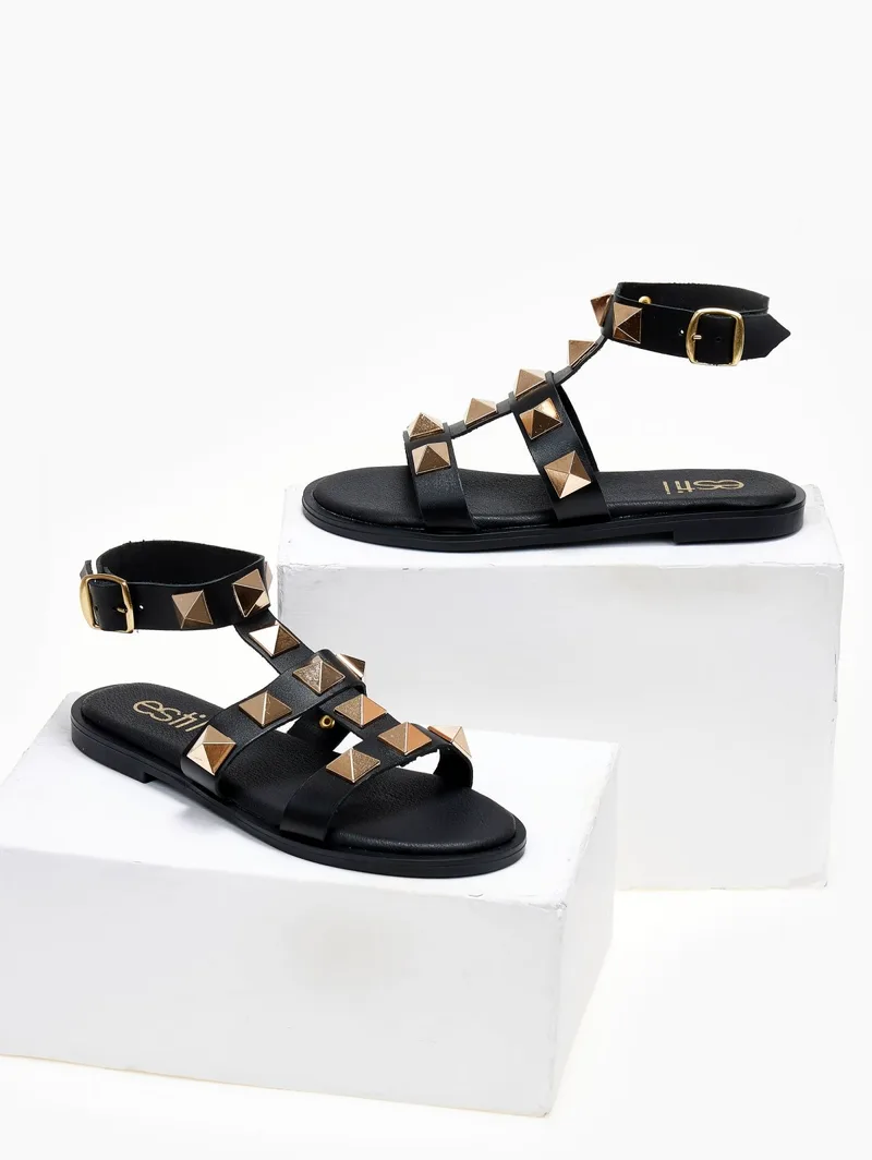 Estil Leather Studded Sandals - 1001040 - Black