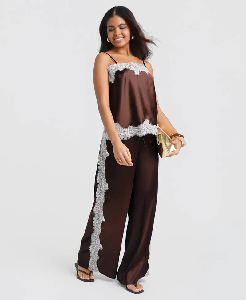 Brown Satin Lace Mix Trousers | Clothing Size: 10