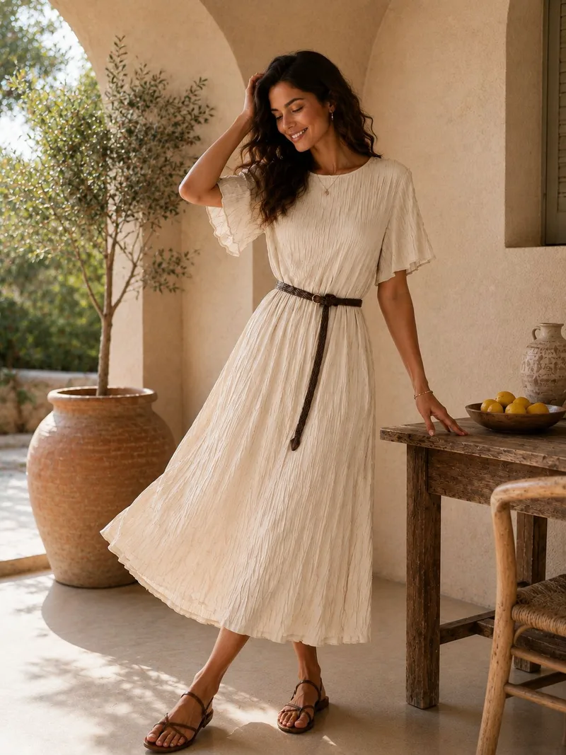 Midi Φόρεμα Πλισέ Με Ζώνη & Κοντό Μανίκι – Εκρού | Dress Up Εκρού