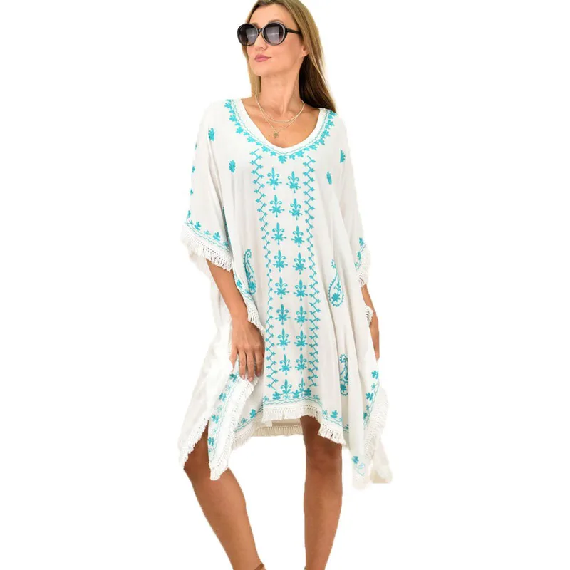 Γυναικείο καφτάνι με σχέδιο κεντητό oversized Γαλάζιο 11144