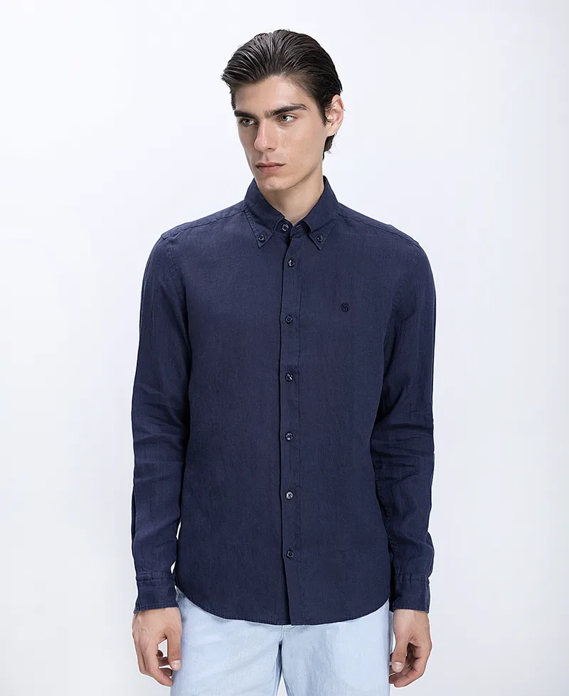 Boss Ανδρικό Πουκάμισο Λινό Με Button Down Γιακά Slim Fit