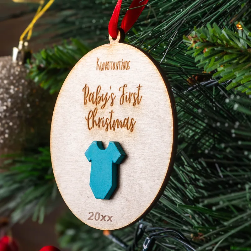 Baby's First Christmass suit - Ξύλινο Στολίδι - Γαλάζιο