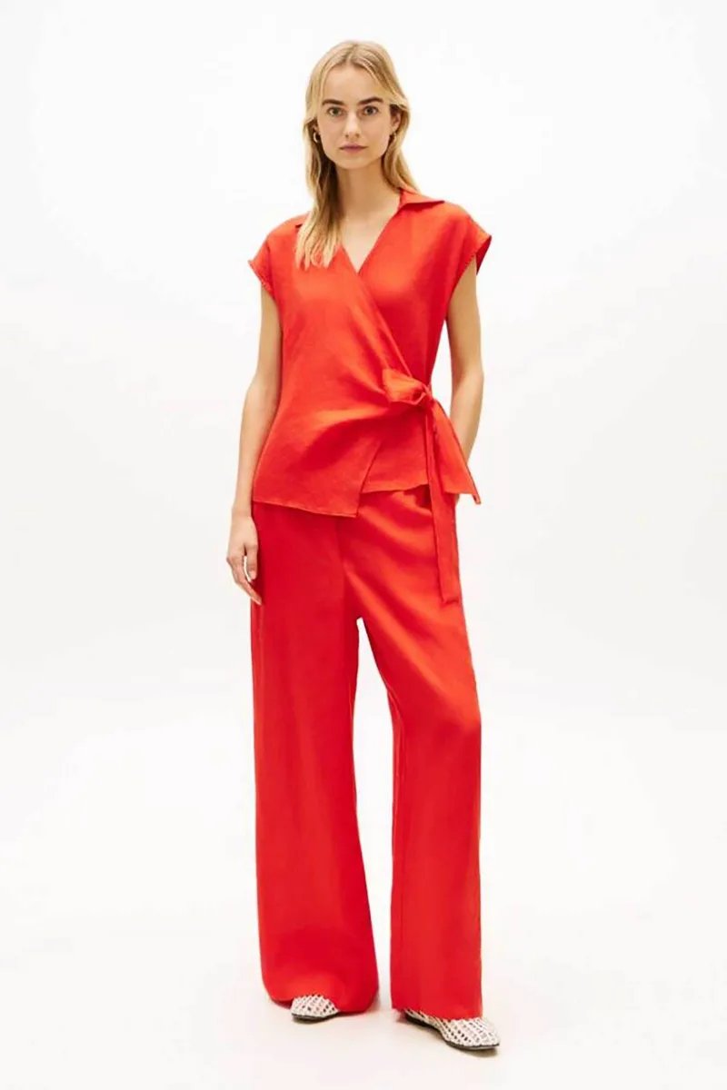 Tommy Hilfiger γυναικεία μπλούζα λινή με wrap δέσιμο - WW0WW49632 Κόκκινο