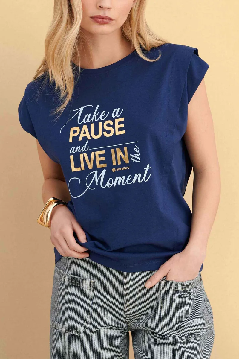 Attrativo γυναικείο T-shirt με print - 9923146 Μπλε Σκούρο