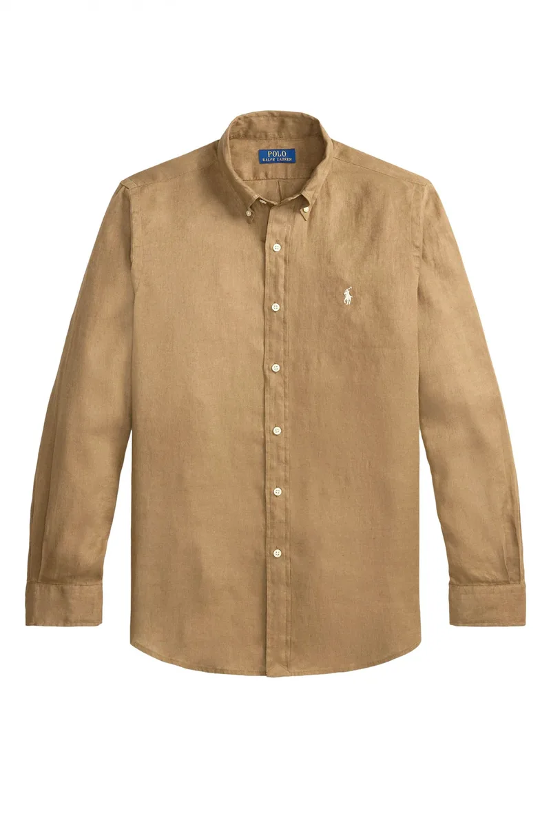 RALPH LAUREN ΠΟΥΚΑΜΙΣΟ ΛΙΝΟ BUTTON DOWN CUSTOM FIT LOGO ΚΑΦΕ
