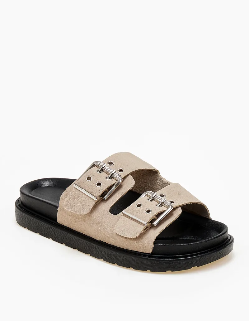 Flatform σανδάλια με ρυθμιζόμενα λουριά και suede υφή - Μπεζ