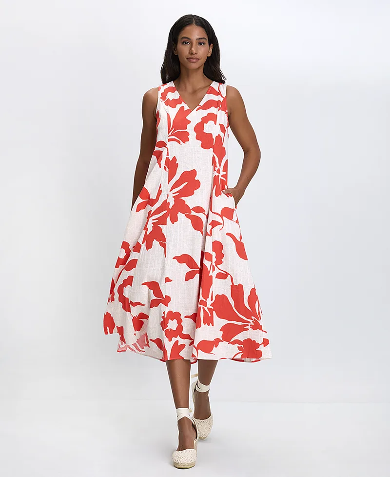 Γυναικείο Midi Φόρεμα A-Line με V Λαιμόκοψη και Floral Print σε Εμπριμέ Κόκκινο