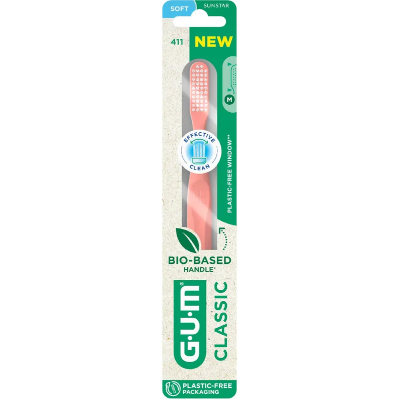Gum Classic 411 Soft Toothbrush Μαλακή Οδοντόβουρτσα για την Καθημερινή Φροντίδα των Δοντιών & των Ούλων 1 Τεμάχιο - Πορτοκαλί