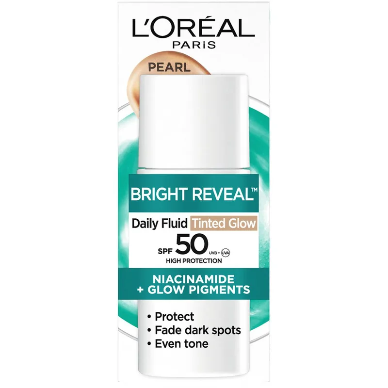 L'Oreal Paris Bright Reveal Daily Fluid Tinted Glow Spf50 Αντηλιακή Κρέμα Υψηλής Προστασίας με Νιασιναμίδη για Λαμπερή Επιδερμίδα με Χρώμα 50ml - Pearl