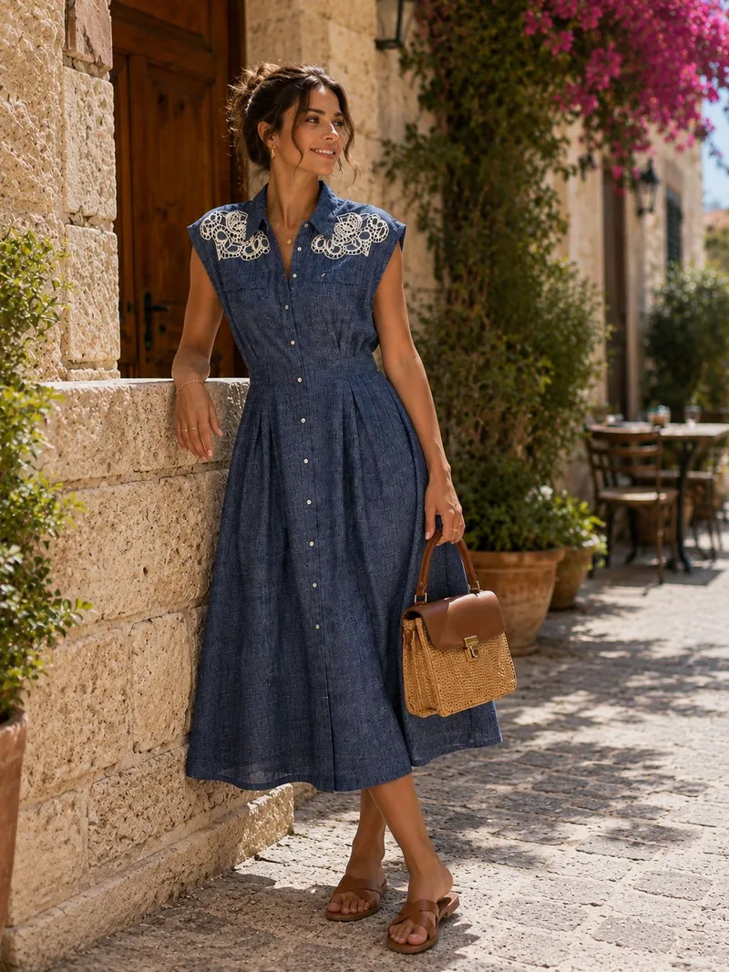 Λινό Midi Φόρεμα με Κουμπιά & Κέντημα – Μπλε | Dress Up Μπλε