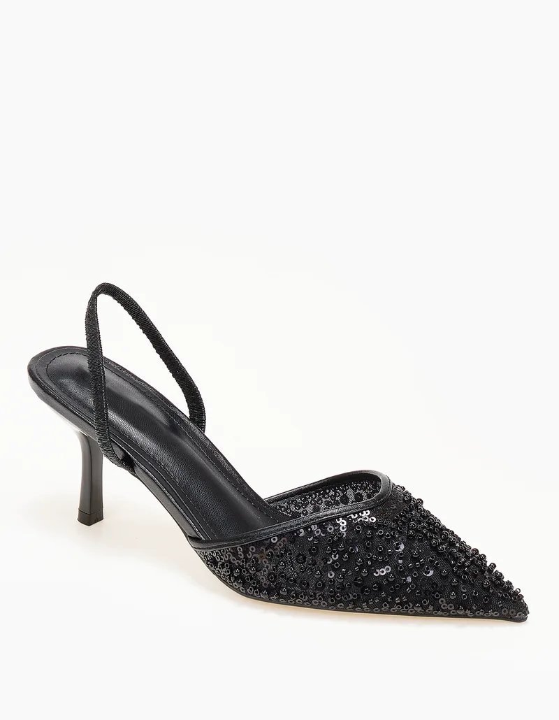 Slingback γόβες με διακοσμητικές χάντρες και πούλιες - Μαύρο