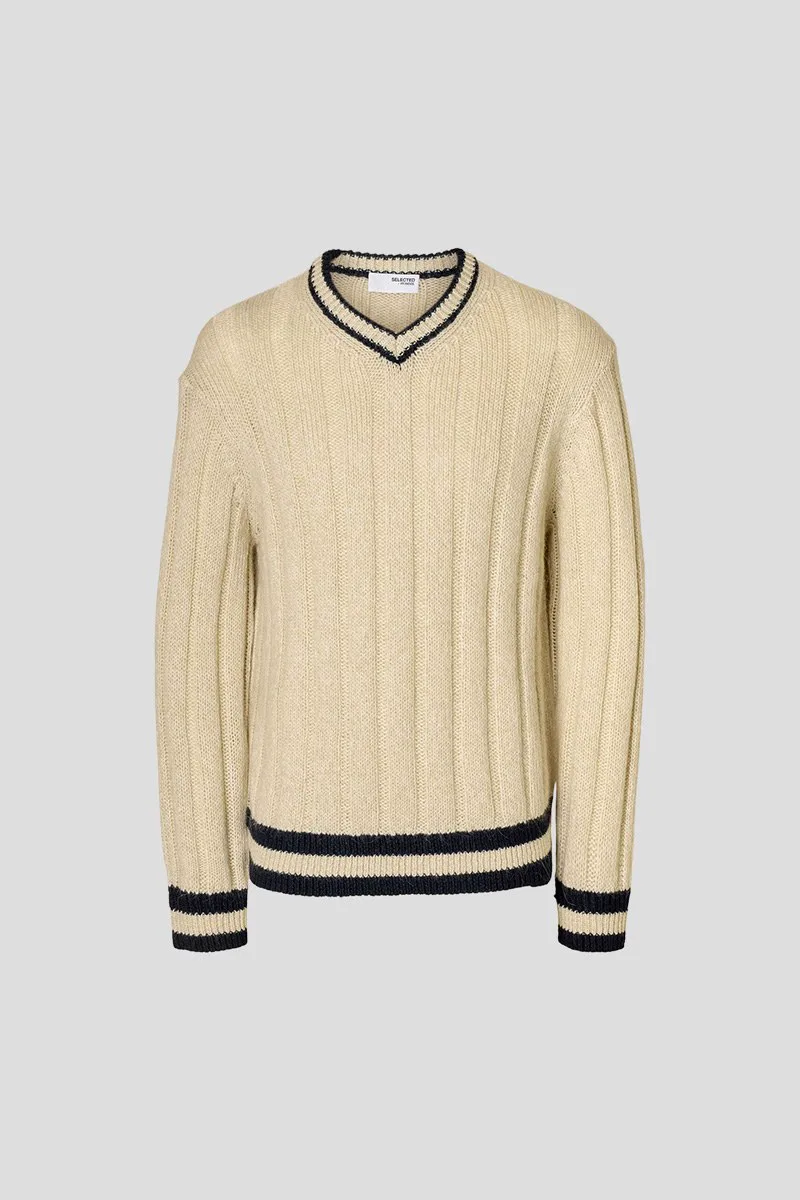 SELECTED HOMME Ανδρικό Μπεζ Wool Blend V-Neck Jumper