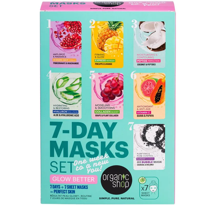 Organic Shop Promo Morning Shot Formula & Express Refresh & Peptide Perfection & Hyaluron Solution & Collagen Boost & Vitamin C & Sunday Essense Sheet Masks 7 Τεμάχια