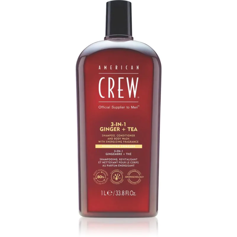 American Crew 3 in 1 Ginger + Tea 3 σε 1 σαμπουάν, μαλακτικό και τζελ για ντους για άντρες 1000 ml