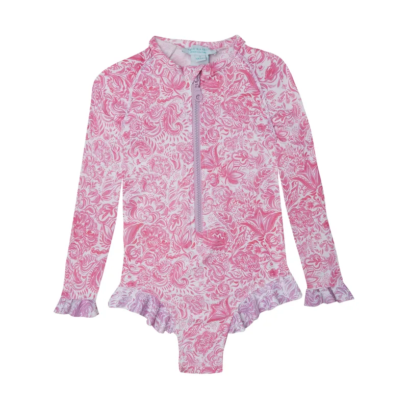 GIRL'S ONE PIECE LONG SLEEVE RUFFLES PAISLEY PINK