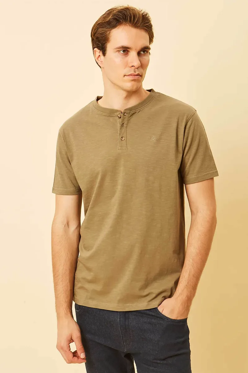 DORS ανδρική μπλούζα henley με κεντημένο λογότυπο Regular Fit - 1140021.C02 Λαδί