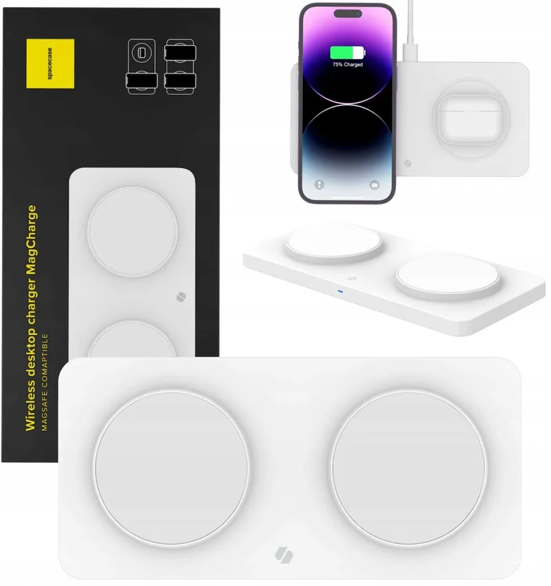 Spacecase WM3W Wireless Desktop Dual Charger MagCharge - Βάση Ασύρματης Φόρτισης MagSafe για iPhone 16 / 15 / 14 / 13 / 12 & AirPods - 15W - White (5905719110345)