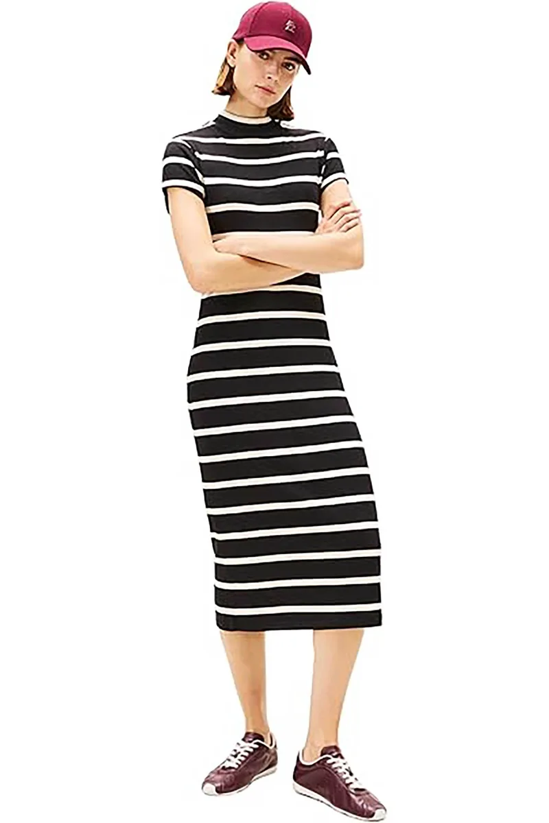 Tommy Hilfiger γυναικείο midi φόρεμα ribbed με ριγέ σχέδιο Slim Fit - WW0WW47860 Μαύρο
