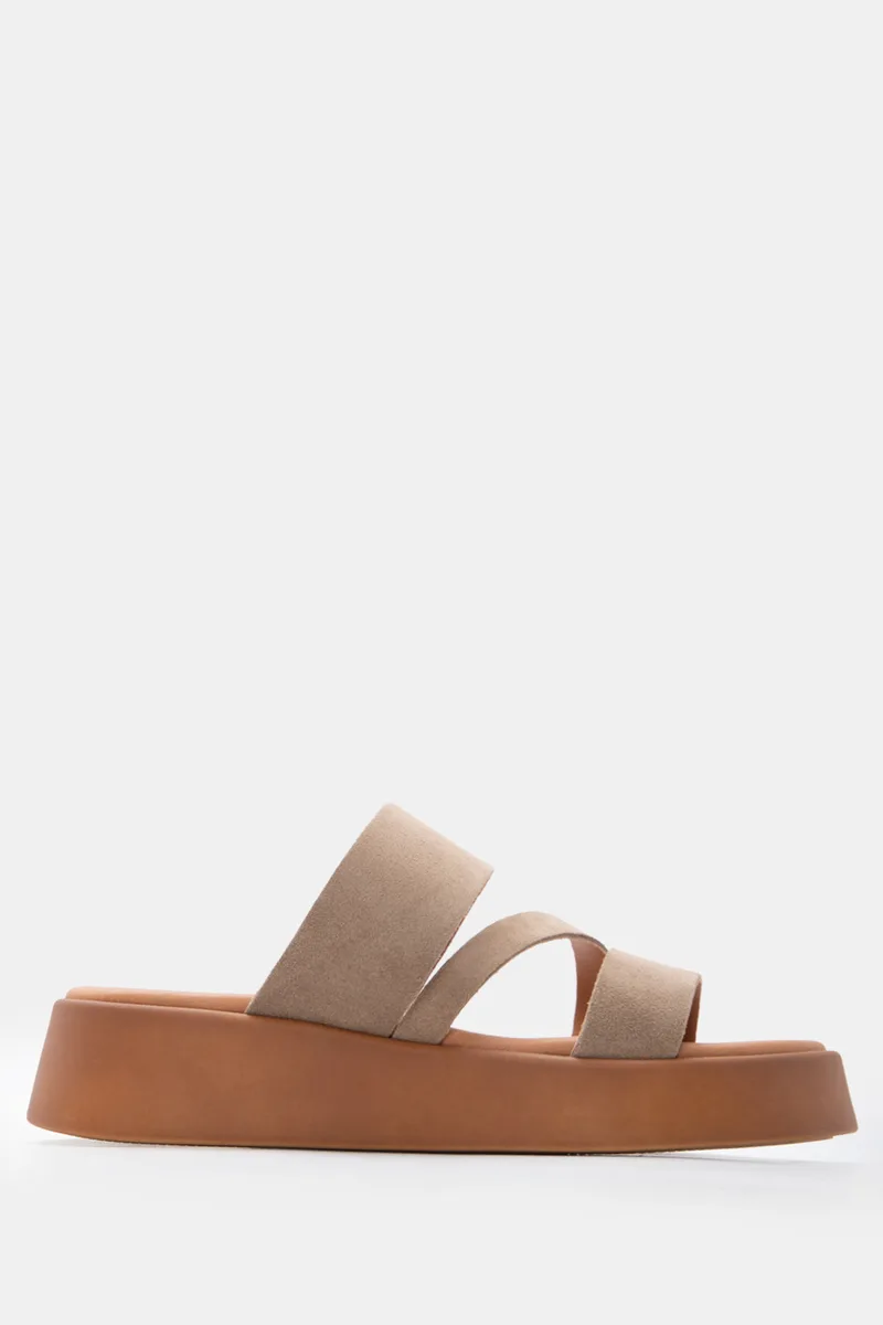 LUIGI DESIGN - Δερμάτινες Πλατφόρμες Flatform με Λουράκια - Μπεζ-Σκούρο