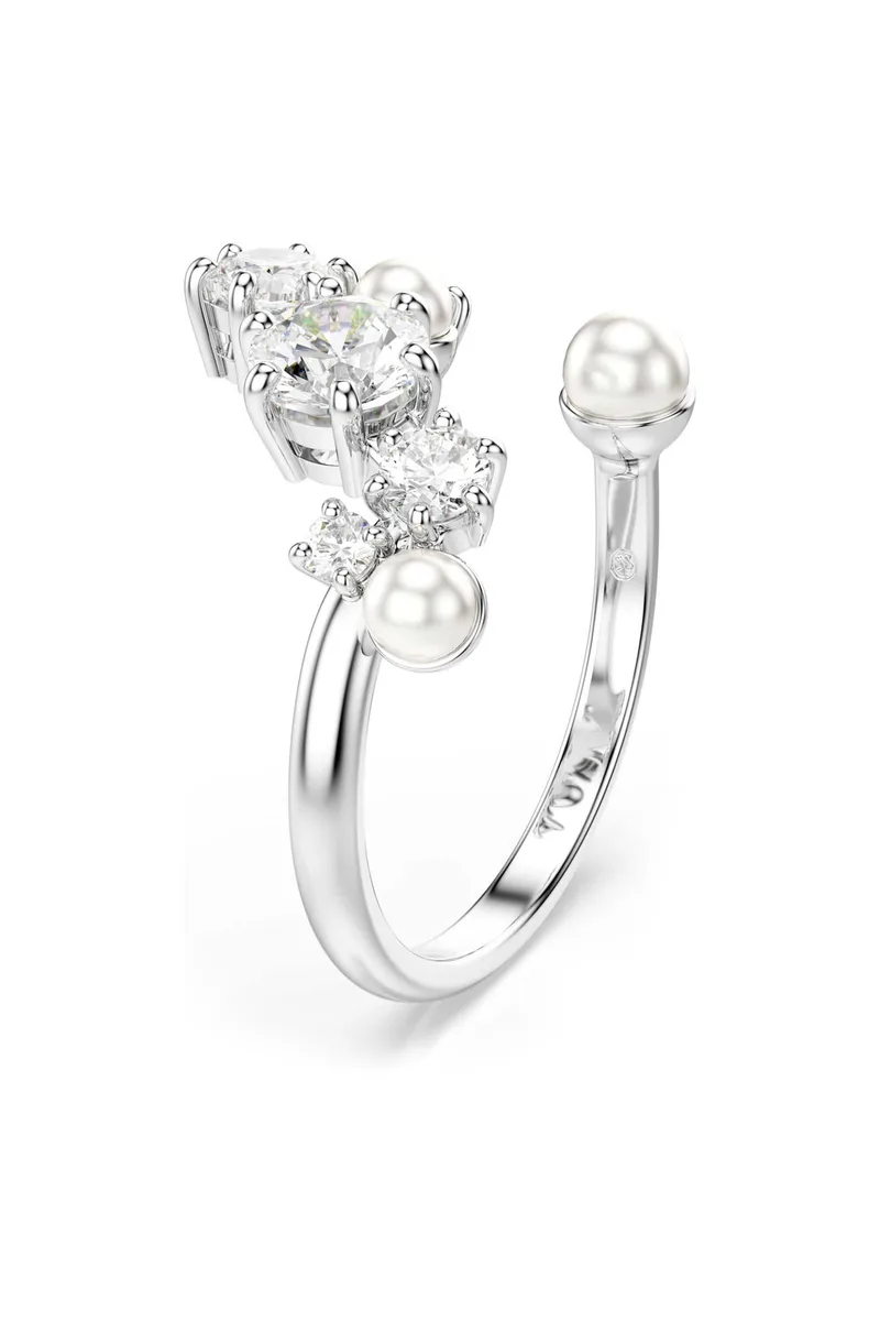 Swarovski γυναικείο ανοιχτό δαχτυλίδι crystal pearl, στρογγυλές κοπές, λευκό, επιμετάλλωση ροδίου "Constella" (55) - 5705599