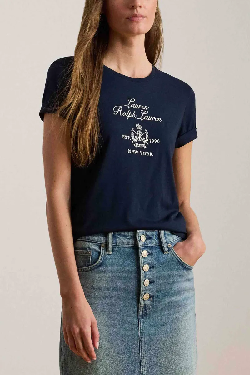 Lauren Ralph Lauren γυναικείο T-shirt με λογότυπο και lettering Regular Fit - 200P03725001 Μπλε Σκούρο