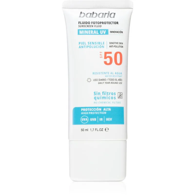 Babaria Sun Face Αντηλιακό υγρό χωρίς χημικά φίλτρα για το πρόσωπο SPF 50 50 ml