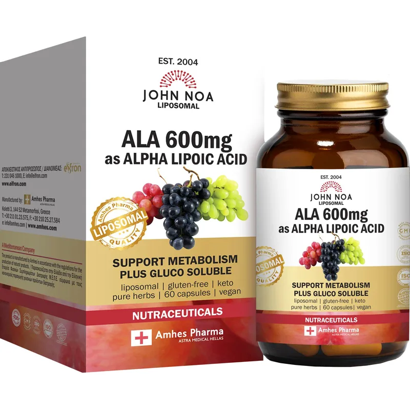 John Noa Liposomal ALA 600mg Συμπλήρωμα Διατροφής Άλφα Λιποϊκού Οξέος Λιποσωμικής Μορφής & Εκχυλίσματος Σπόρων Σταφυλιού για Ενίσχυση του Μεταβολισμού με Ισχυρές Αντιοξειδωτικές Ιδιότητες 60caps